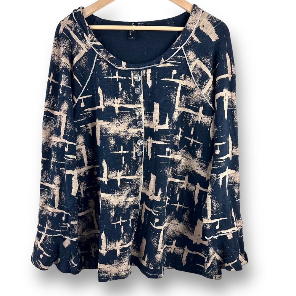 Ethyl Clothing Women's L Abstract Print Popover Blouse Black Tan Artsy Lagenlook